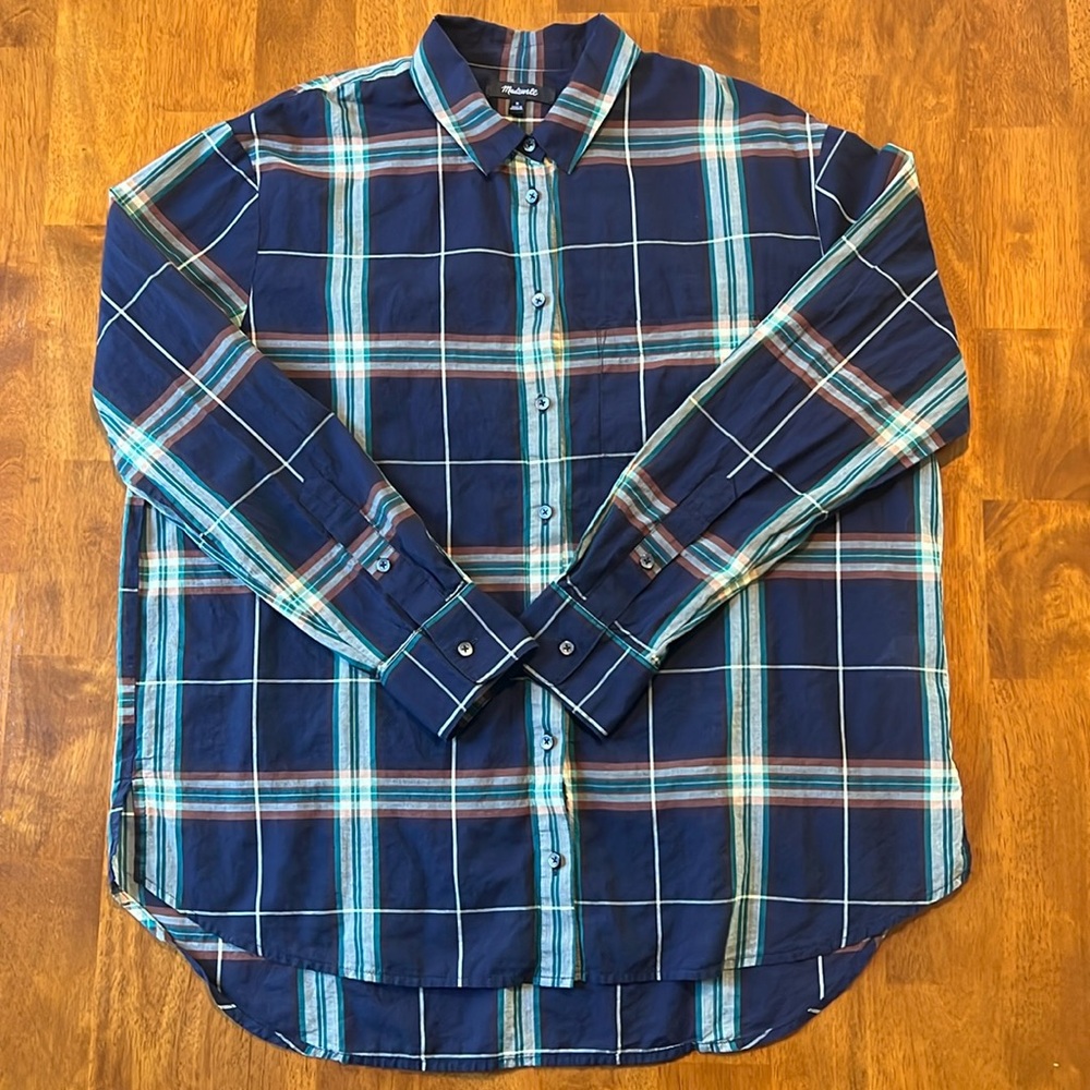 Madewell Sheer Navy Plaid 100% Cotton Shirt Button-down